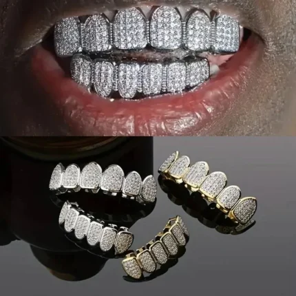 Hiphop Teeth Grillz Set for Unisex Top Bottom Mouth Silver Color Teeth Grills Tooth Cap Removable Dental Fashion Body Jewelry