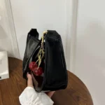 Women's PU Leather Handbag Versatile Fashion Solid Color Cherry Pendant Shoulder Bag Casual Commuting Bag Girl Underarm Bag - Image 6