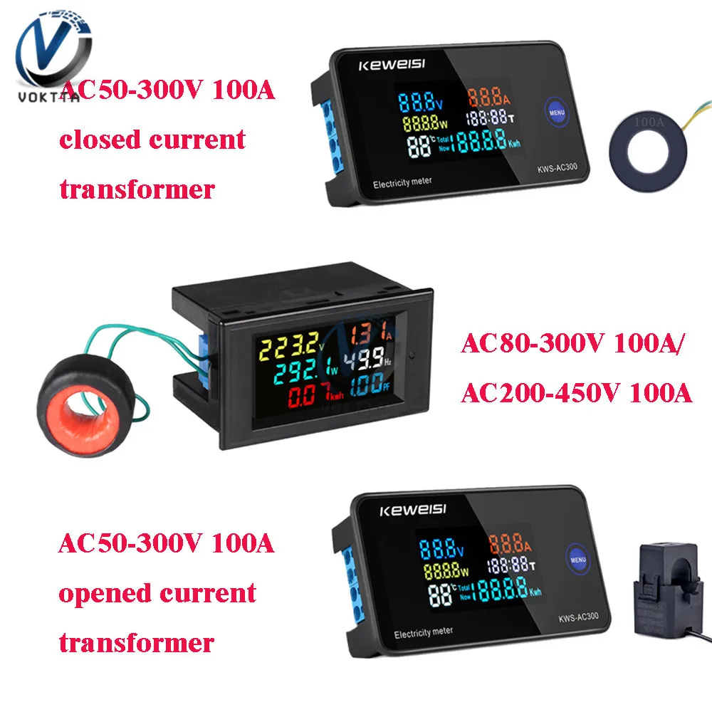 kf-H28c09ff239f741f0ac48e48db3049439Z AC 50-300V 10A 100A LCD Digital Panel Wattmeter Energy Power Meter Voltage Voltmeter Current Ammeter Frequency Indicator 450V - Image 1