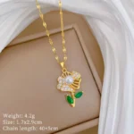 DIEYURO 316L Stainless Steel Hollow Out Green Leaf Zircon Flower Inlay Pearl Necklace Earrings Set Lady Trend Classic Jewelry - Image 6