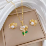 DIEYURO 316L Stainless Steel Hollow Out Green Leaf Zircon Flower Inlay Pearl Necklace Earrings Set Lady Trend Classic Jewelry - Image 3