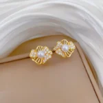 DIEYURO 316L Stainless Steel Hollow Out Green Leaf Zircon Flower Inlay Pearl Necklace Earrings Set Lady Trend Classic Jewelry - Image 5