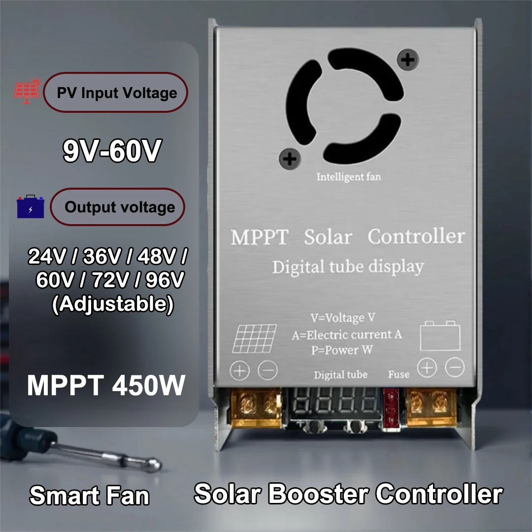 kf-Sb18f04e04842419384933b63b8b2d4d5I Step-Up MPPT Solar Controller Booster 450W 12A Digital Display Charging 9V-60V Input for 12V-120V Lithium Lead-Acid - Image 1