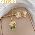 DIEYURO 316L Stainless Steel Hollow Out Green Leaf Zircon Flower Inlay Pearl Necklace Earrings Set Lady Trend Classic Jewelry
