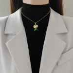 DIEYURO 316L Stainless Steel Hollow Out Green Leaf Zircon Flower Inlay Pearl Necklace Earrings Set Lady Trend Classic Jewelry - Image 4