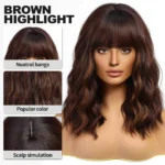 Short Brown Highlight Wigs With Bangs Natural Wavy Hair Wigs For White Women Heat Resistant Synthetic Bob Wig Shoulder Length - Image 3
